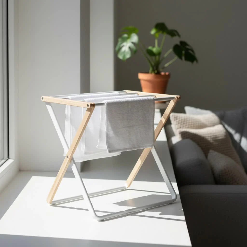 Stainless steel clothes drying rack in a modern laundry room