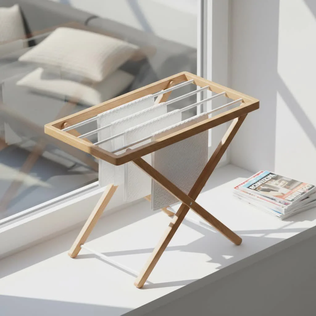 Hanging drying rack in a modern laundry room