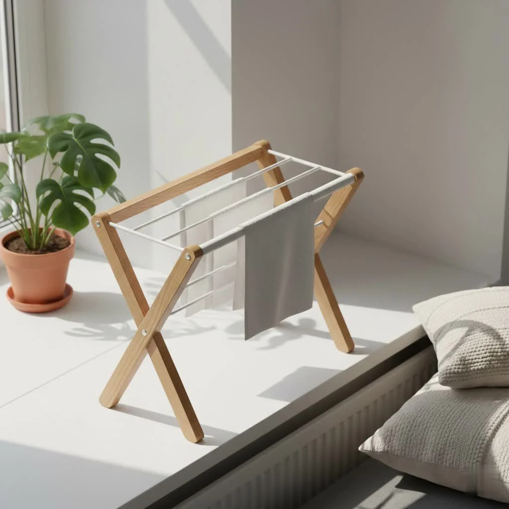 Outdoor clothes drying rack in a sunny backyard